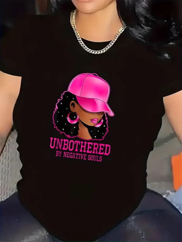 T-Shirt for Women, Unbothered Graphic Design for Casual Wear in Living Room Comfortable Fabric, Stylish Pink Cap Illustration,
